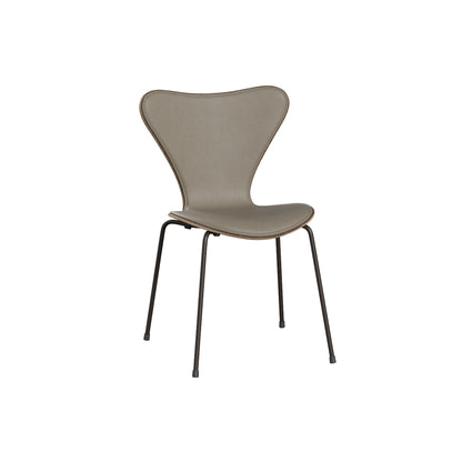 Series 7™ 3107 Dining Chair (Front Upholstered) by Fritz Hansen - Warm Graphite Steel / Front: Essential Light Grey Leather / Back: Clear Lacquered Walnut Veneer