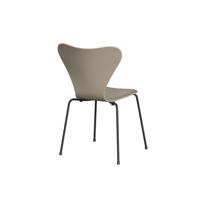 Series 7™ 3107 Dining Chair (Front Upholstered) by Fritz Hansen - Warm Graphite Steel / Front: Essential Light Grey Leather / Back: Light Beige Lacquered Veneer