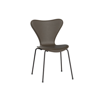 Series 7™ 3107 Dining Chair (Front Upholstered) by Fritz Hansen - Warm Graphite Steel / Front: Essential Stone Leather / Back: Deep Clay Lacquered Veneer