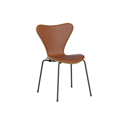 Series 7™ 3107 Dining Chair (Front Upholstered) by Fritz Hansen - Warm Graphite Steel / Front: Essential Walnut Leather / Back: Clear Lacquered Oak Veneer
