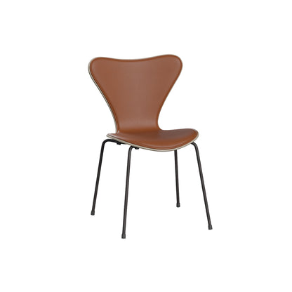 Series 7™ 3107 Dining Chair (Front Upholstered) by Fritz Hansen - Warm Graphite Steel / Front: Essential Walnut Leather / Back: Light Beige Lacquered Veneer