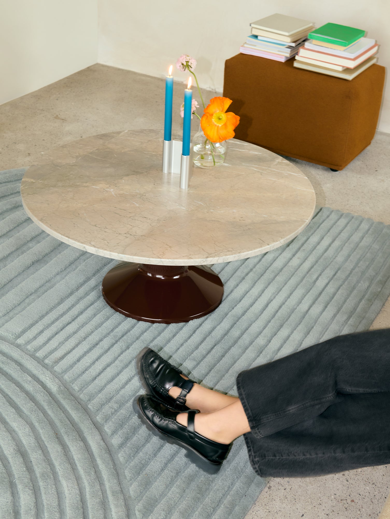 Midst Coffee Table by Muuto - Grey Marble Tabletop / Dark Red Steel Base