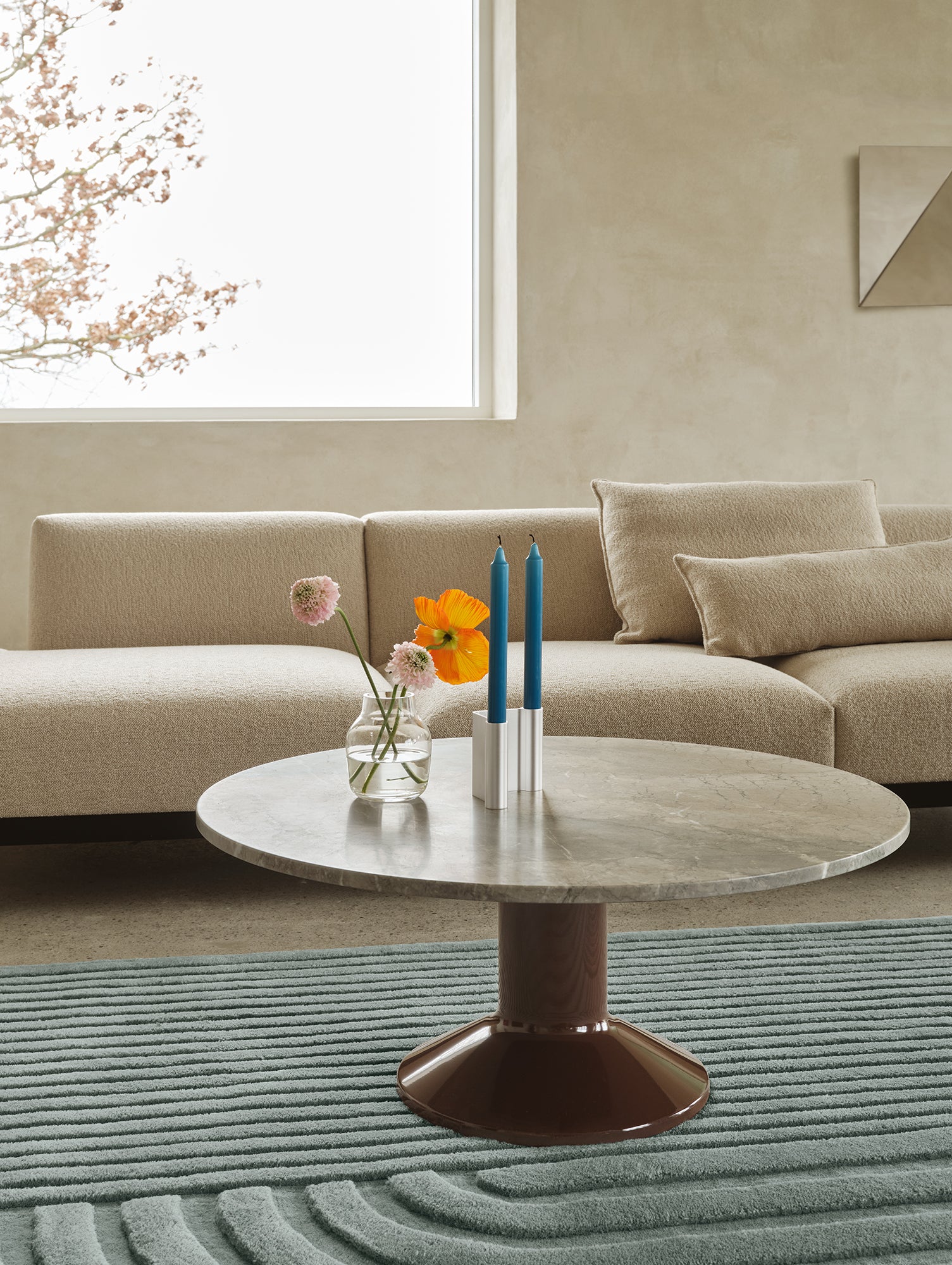 Midst Coffee Table by Muuto - Grey Marble Tabletop / Dark Red Steel Base
