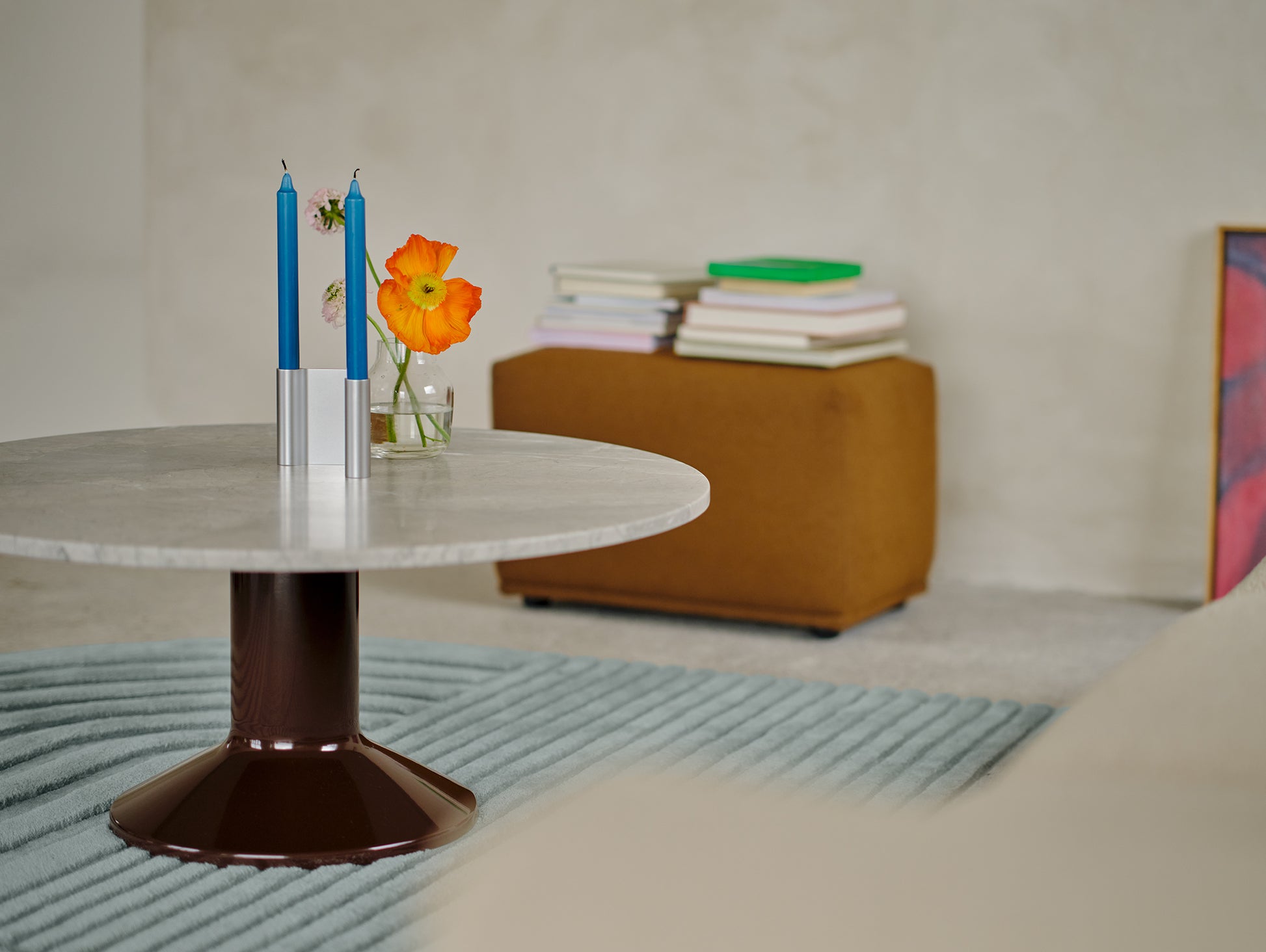 Midst Coffee Table by Muuto - Grey Marble Tabletop / Dark Red Steel Base