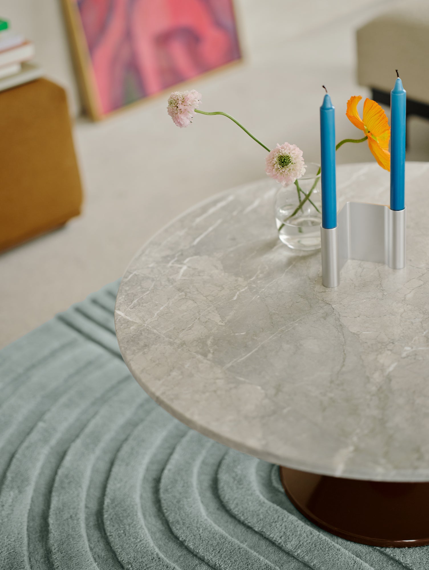 Midst Coffee Table by Muuto - Grey Marble Tabletop / Dark Red Steel Base