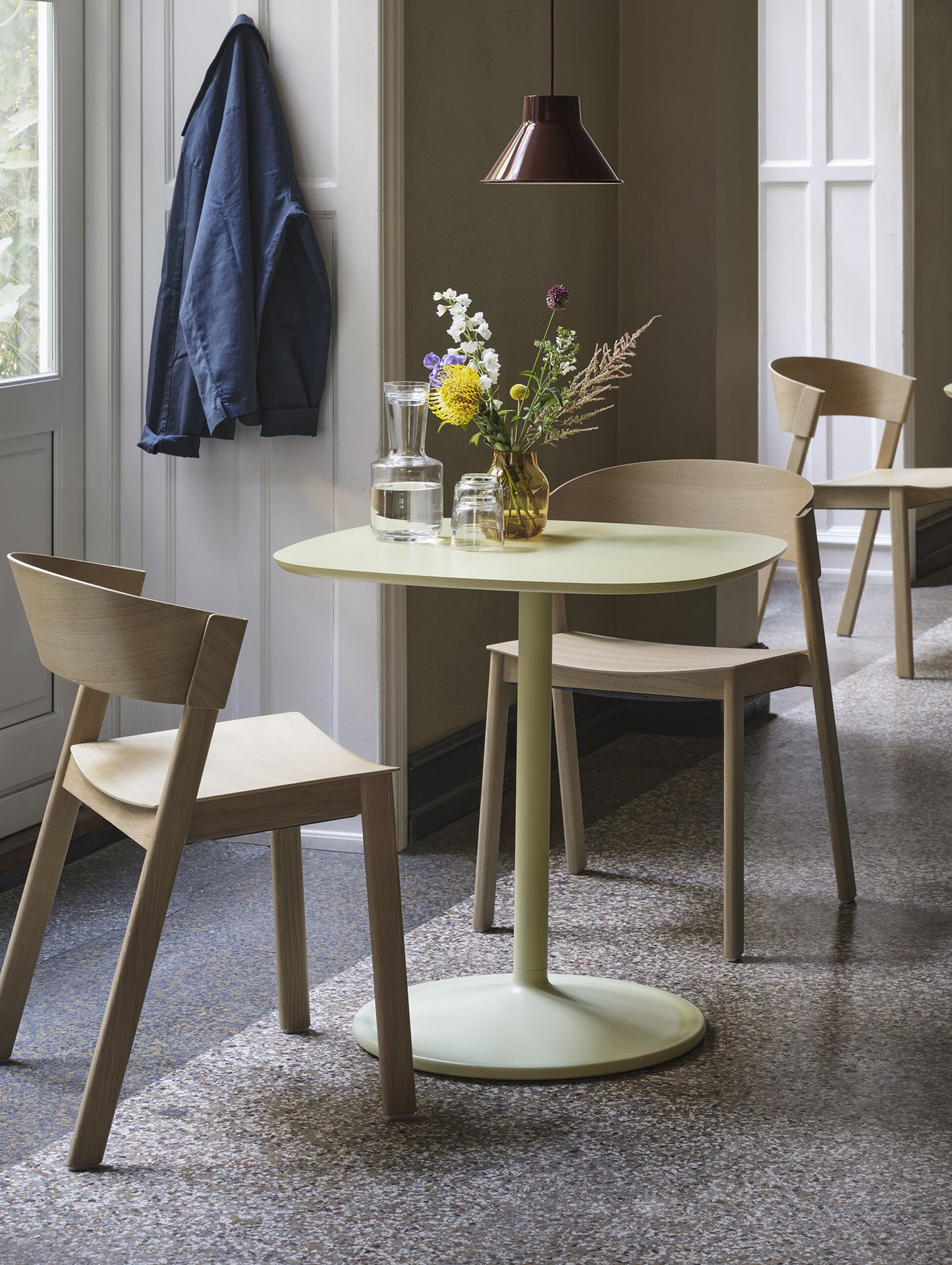 Soft Cafe Table by Muuto - Square (70x70 cm) / Height: 73 cm / Beige Green Laminate Top / Beige Green Aluminium Base