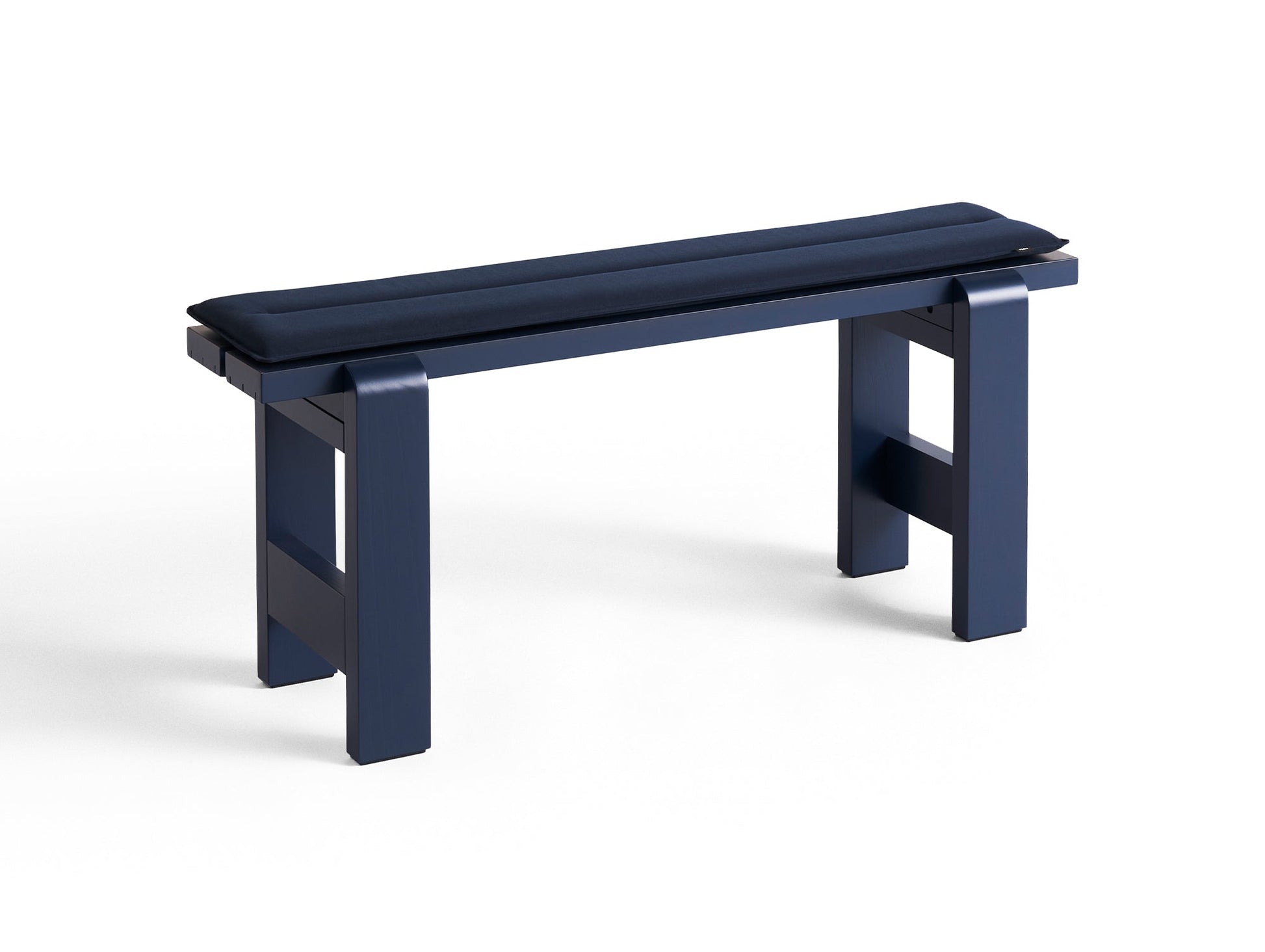 Weekday Bench with Cushion by HAY - Length: 111 cm / Steel Blue Lacquered Pinewood with Dark Blue Cushion