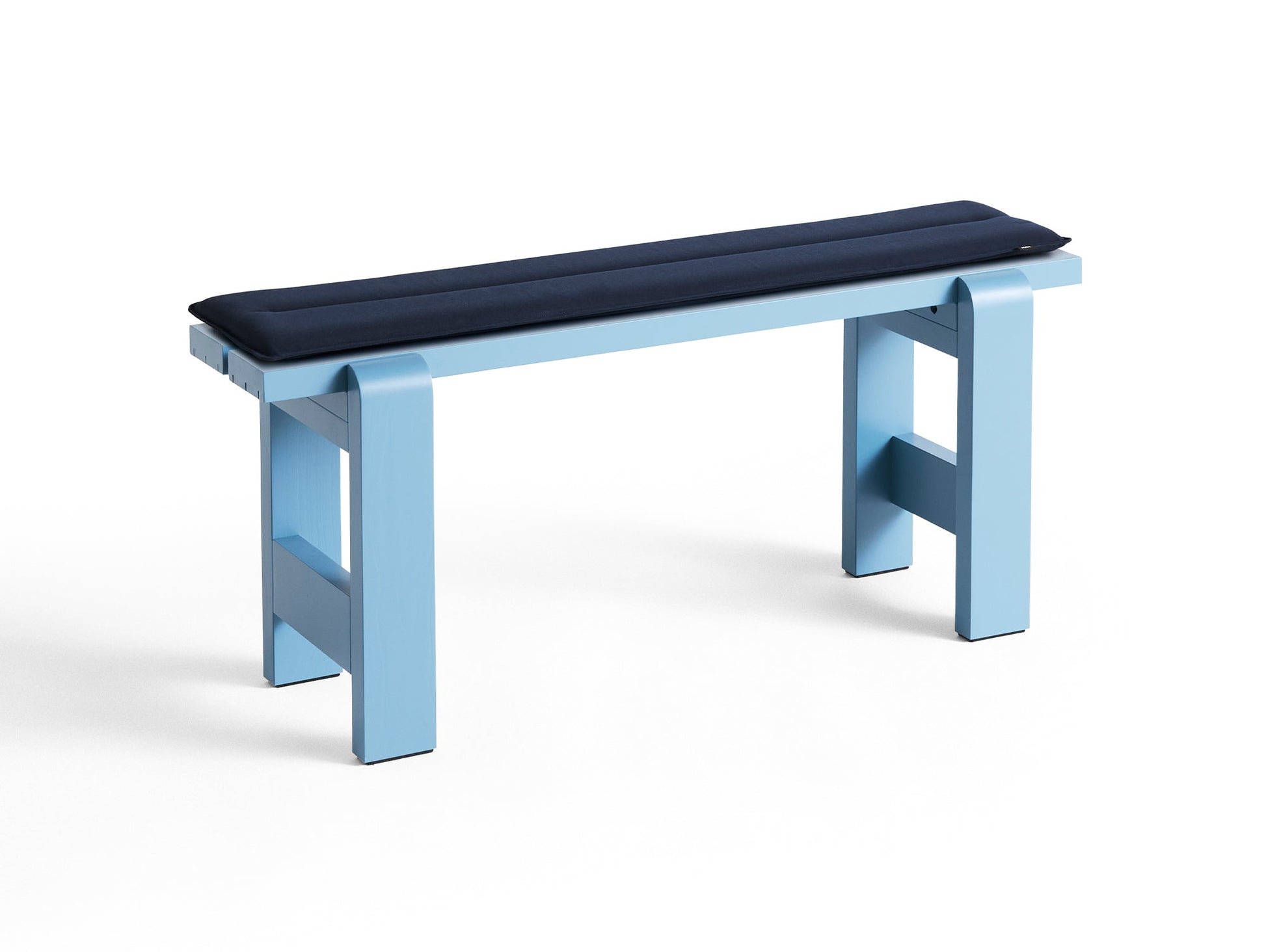 Weekday Bench with Cushion by HAY - Length: 111 cm / Azure Blue Lacquered Pinewood with Dark Blue Cushion